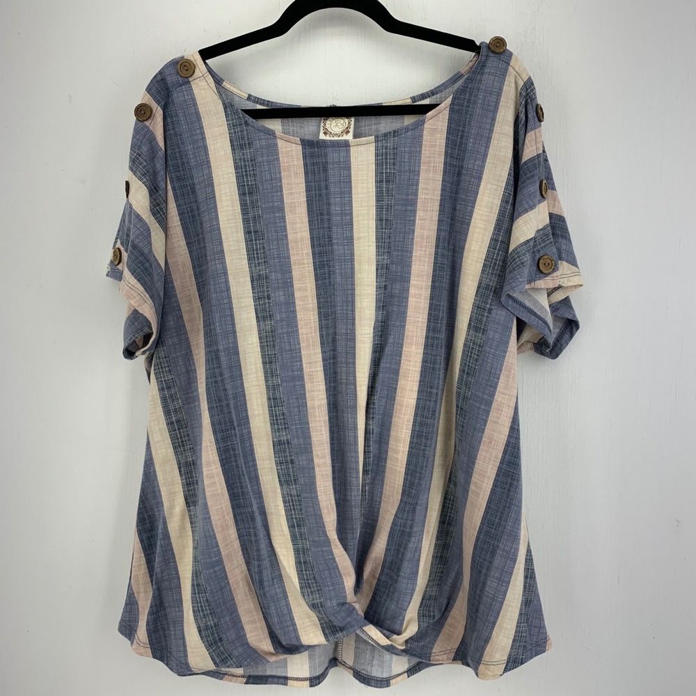 Truself Womens 3X Blue Striped Twist Front Short Sleeve Scoop Neck Button Top